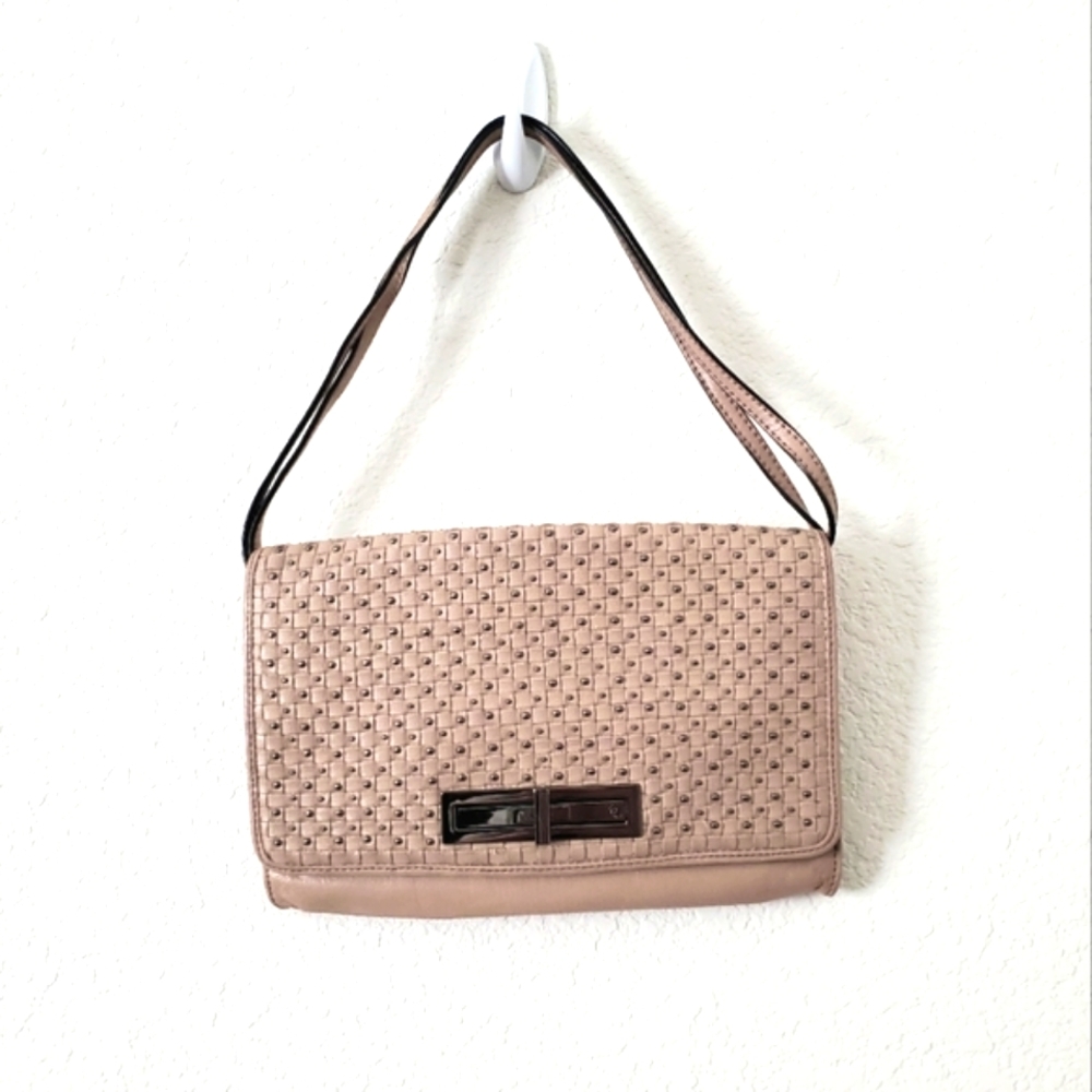 Elliott Lucca Tan Studded Woven Leather Crossbody Shoulder Bag Clutch 90s Y2K